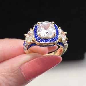 14kt Gold Plated Sapphire Accent Cushion-Cut Ring